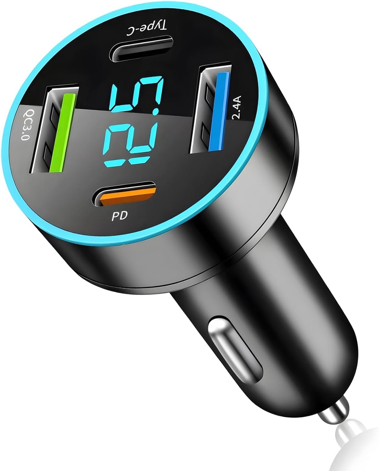 4-poorts USB-sigarettenaanstekeradapter 66 W met PD 30 W & QC snel opladen, adapter sigarettenaansteker, stopcontact met led-spanningsweergave voor automobilisten in de auto, vrachtwagen en op reis