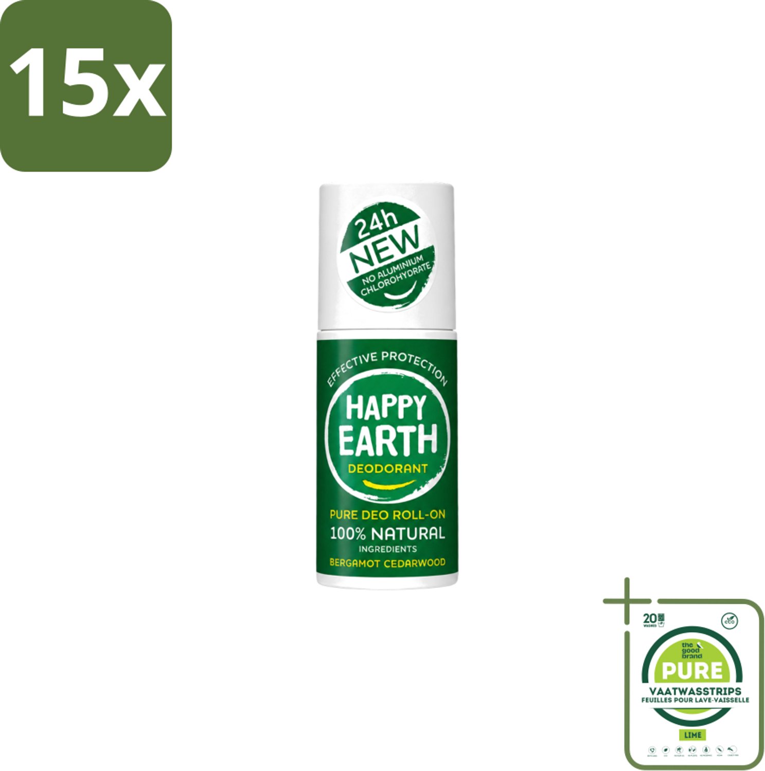 15 x Happy Earth – Deodorant Roll-On – 100% Natuurlijk Bergamot Cedarwood – 75 ml - Grootverpakking - Vaatwasstrips - Bergamot - Cederhout - Natuurlijke Deodorant - Roll-on Deodorant - 24 Uur Bescherming