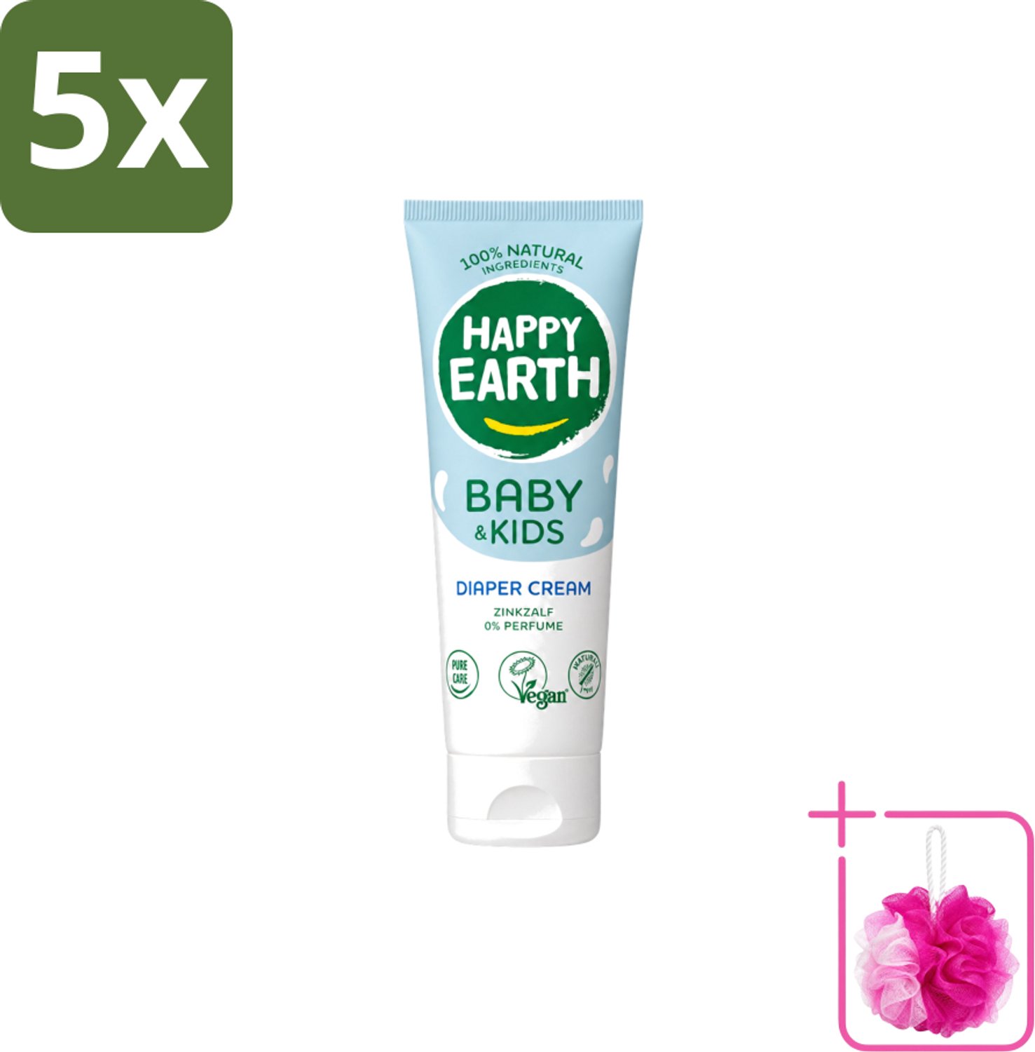 5 x Happy Earth – Diaper Cream – 100% Natuurlijk Baby & Kids – 75 ml - Bulkverpakking - Babybillenbescherming - Douchemop - Luieruitslag voorkomen