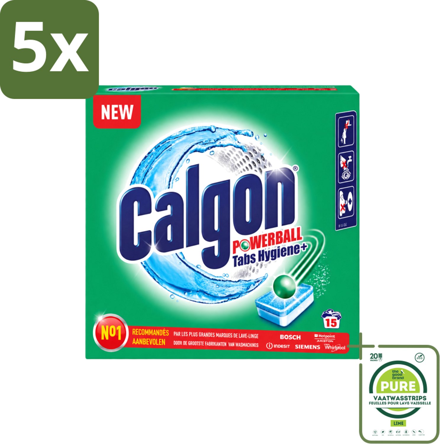 5 x Calgon - Wasmachinereiniger - Tegen Kalk - 15 Tabletten - Grootverpakking - Vaatwasstrips - Wasmachine Reinigen - Kalkvoorkomen - Wasmachine Beschermen - Wasmachine Onderhouden - Wasmachine Tabletten