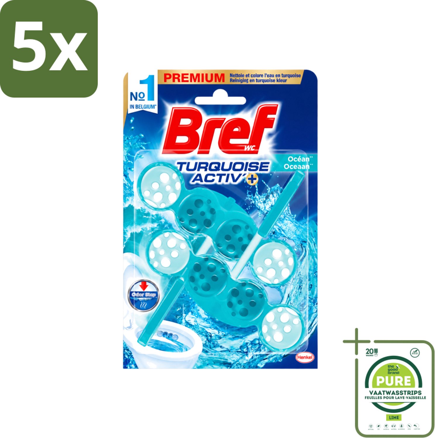 5 x Bref WC - Turquoise Activ+ - Toiletblok - Oceaan - 2 Blokken - Grootverpakking - Vaatwasstrips - Toilet - Toiletblok - Oceaanfrisheid - Reiniging - Anti-kalk