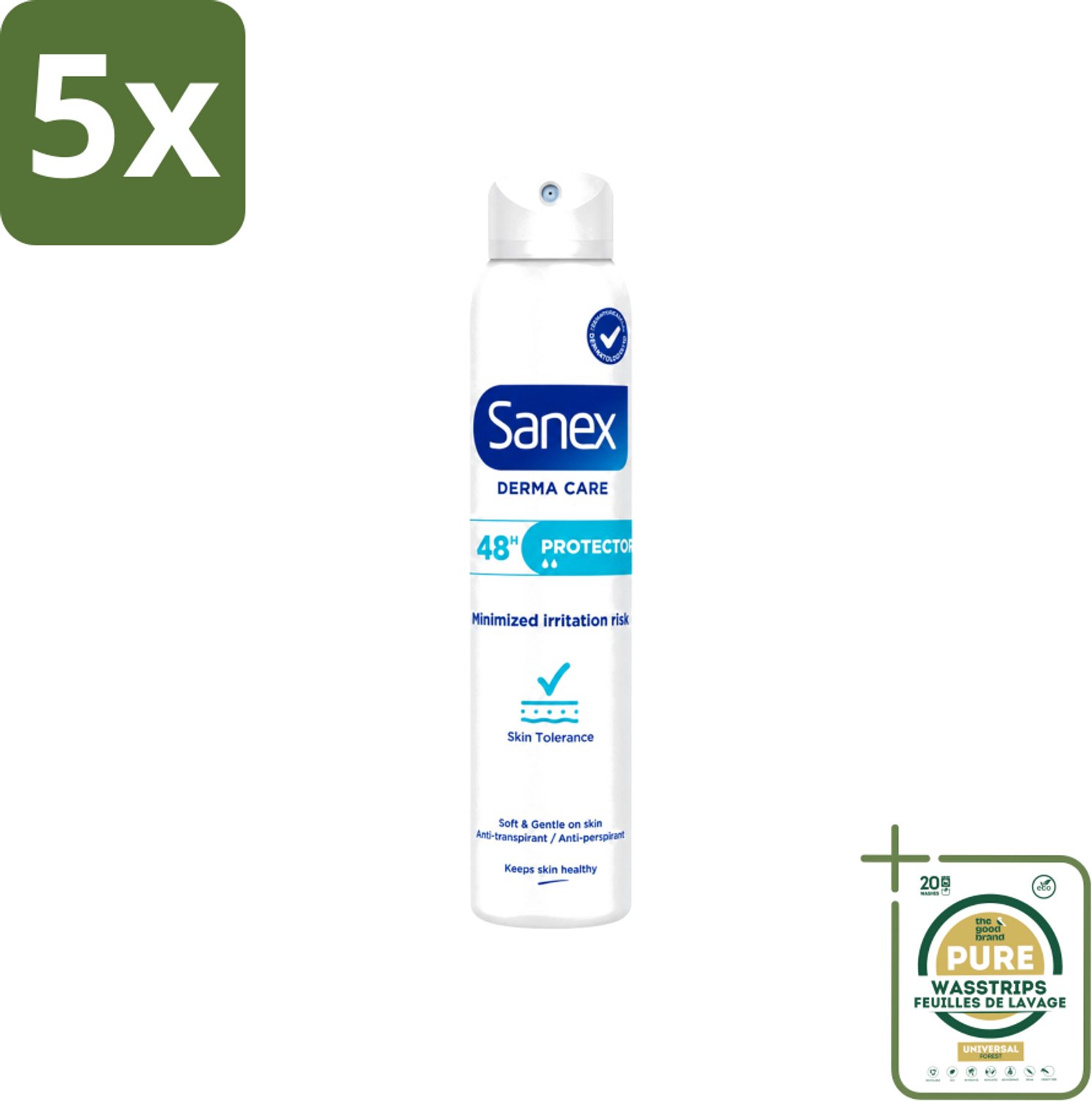 5 x Sanex – Deodorant Spray – Dermo Protector – 200 ml - Wasstrips - Anti-sweat Spray - Huidbescherming - Deodorant Spray - Hypoallergeen - Huidverzorging