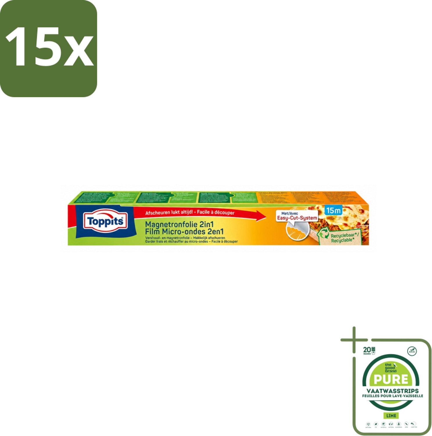 15 x Toppits – Magnetronfolie 2-in-1 – 15 m - Grootverpakking - Vaatwasstrips - Magnetronfolie - Bewaren - Opwarmen - Stoomafgifte - Versheid