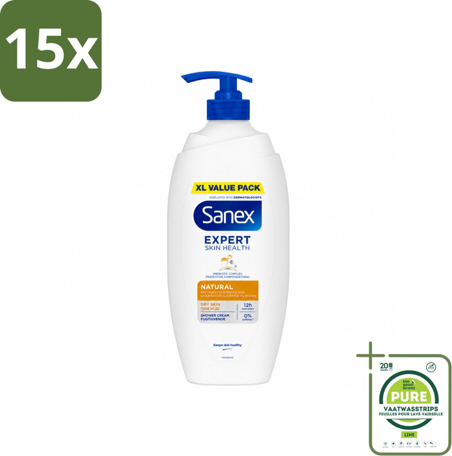 15 x Sanex – Douchecrème – Expert Skin Health Naturals – 750 ml - Grootverpakking - Vaatwasstrips - Gevoelige Huid - Huidverzorging - Douchecrème - Hydratatie - Pre- En Postbiotica