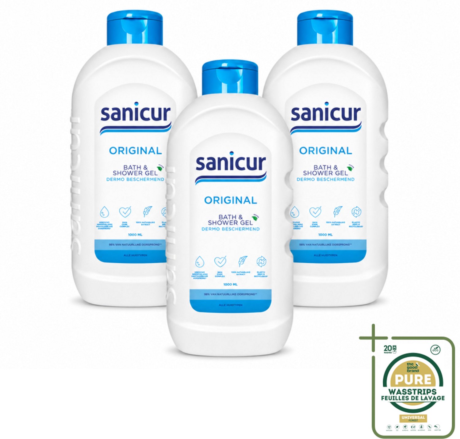 3 x Sanicur – Bad & Douchegel – Original – 1000 ml - Wasstrips - Bad En Douche Gel - Huidverzorging - Vochtregulerend - PH Huidneutraal - Huidbeschermend