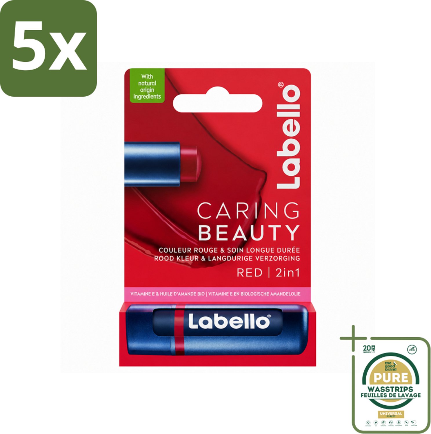 5 x Labello –Lippenbalsem – Caring Beauty Red – 5,5 ml - Wasstrips - Lippenbalsem - Verzorging - Kleur - Hydraatatie - Natuurlijke Ingrediënten