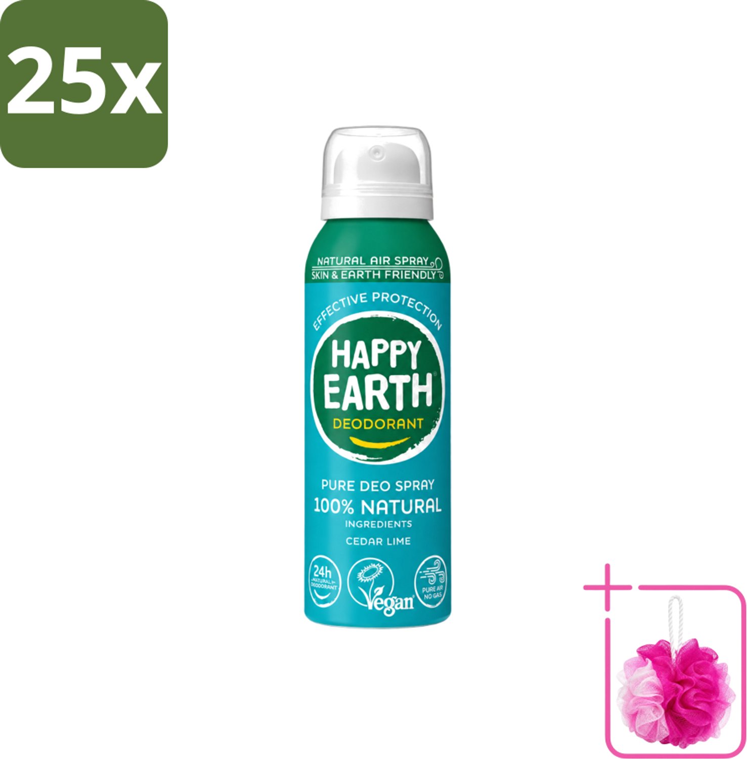 25 x Happy Earth – Deodorant Natural Air Spray – 100% Natuurlijk Cedar Lime – 100 ml - Bulkverpakking - Natuurlijke deodorant - Douchemop - Cederhout en limoen