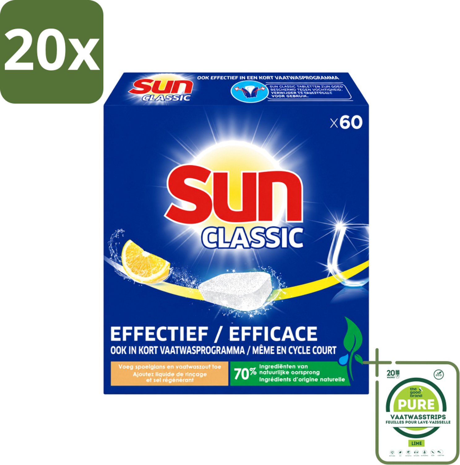 20 x Sun Classic - Vaatwastabletten - Voordeelverpakking - Citroen - 60 Tabletten - Grootverpakking - Vaatwasstrips - Vaatwastabletten - Citroengeur - Vaatwasser - Fosfaatvrije - Milieuvriendelijk