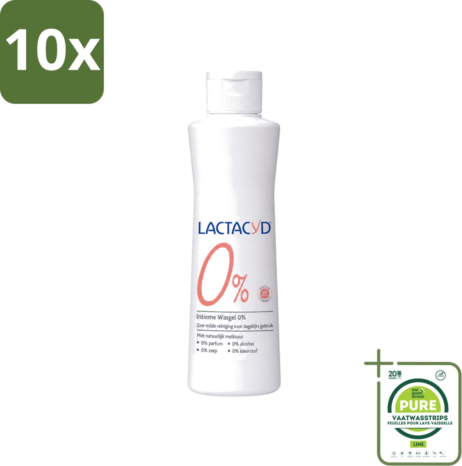10 x Lactacyd – 0% – Milde Wasgel – 250 ml - Grootverpakking - Vaatwasstrips - Intieme Wasgel - Gevoelige Huid - PH-vriendelijk - Zeepvrij - Milde Wasgel