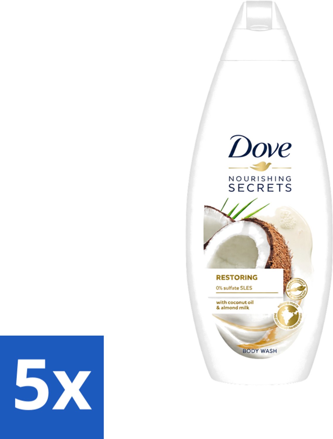 5 x Dove Nourishing Secrets - Douchegel - Kokosolie & Amandel melk - Sulfaatvrij - 250 ml - Voordeelverpakking - 5 stuks