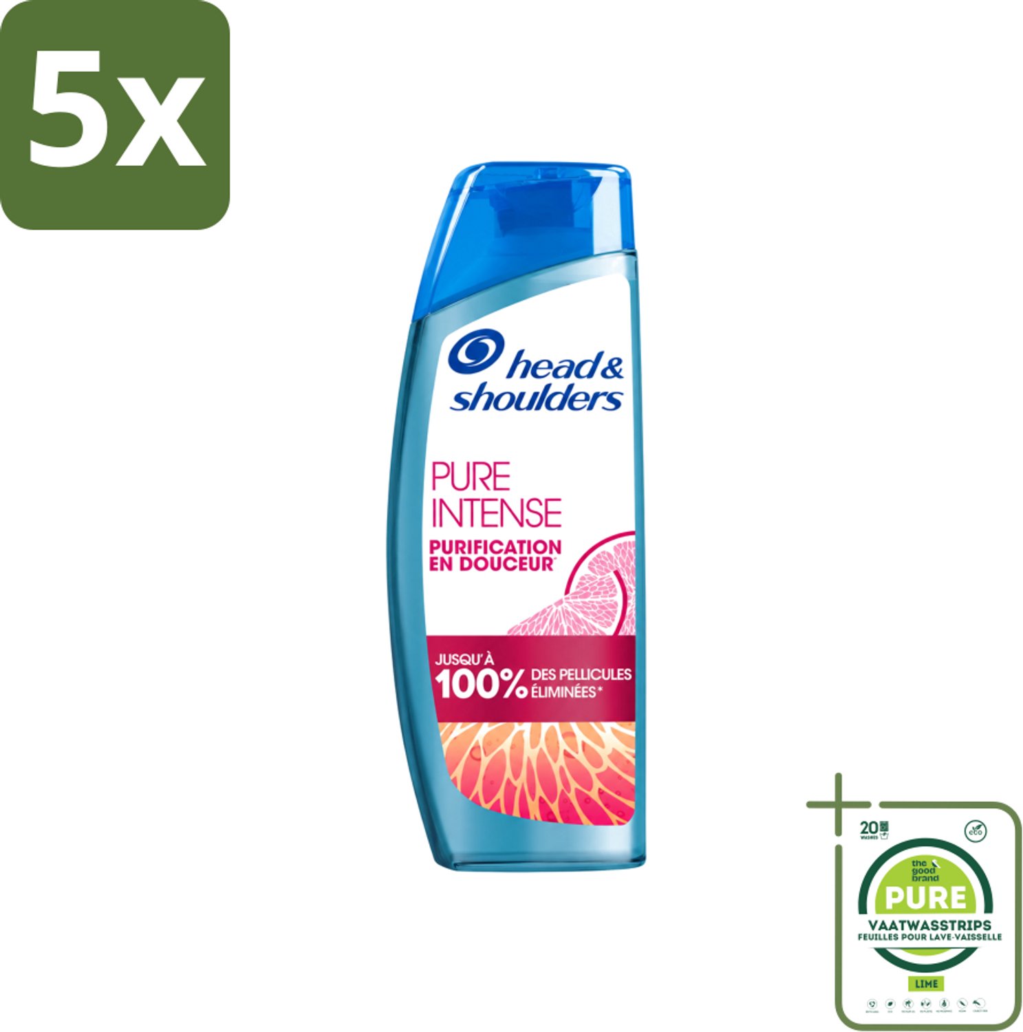 5 x Head & Shoulders - Anti-Roos Shampoo - Pure Intense - Grapefruit - 250 ml - Grootverpakking - Vaatwasstrips - Anti-roos Shampoo - Vet Hoofd - Schone Hoofdhuid - Roosvrij Haar - Grapefruit Geur