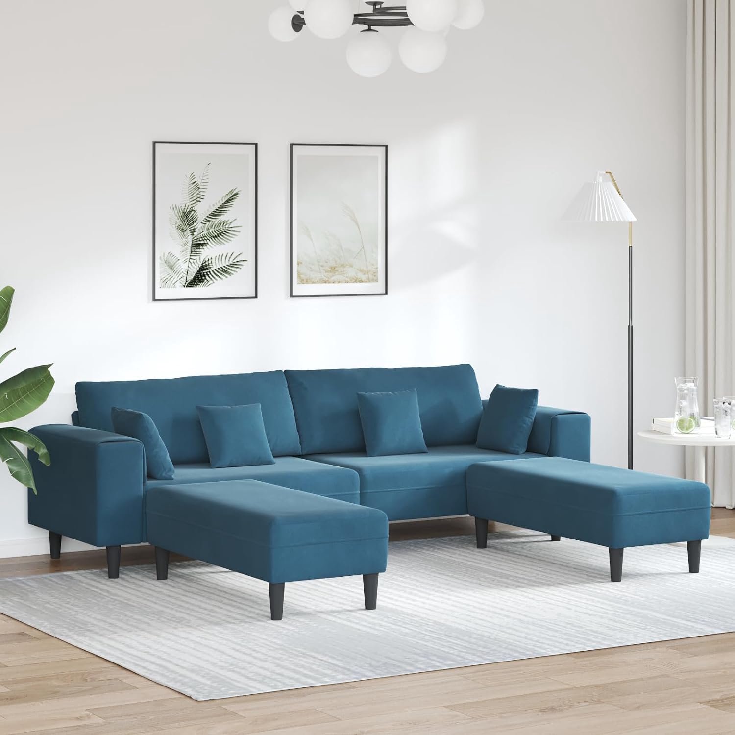 Fluwelen sofa 3-delig blauw 208 cm met luxe kussens voor stijlvol woonkamerdesign en duurzame binnenvering comfort - elegant zitmeubel van hoogwaardig velours