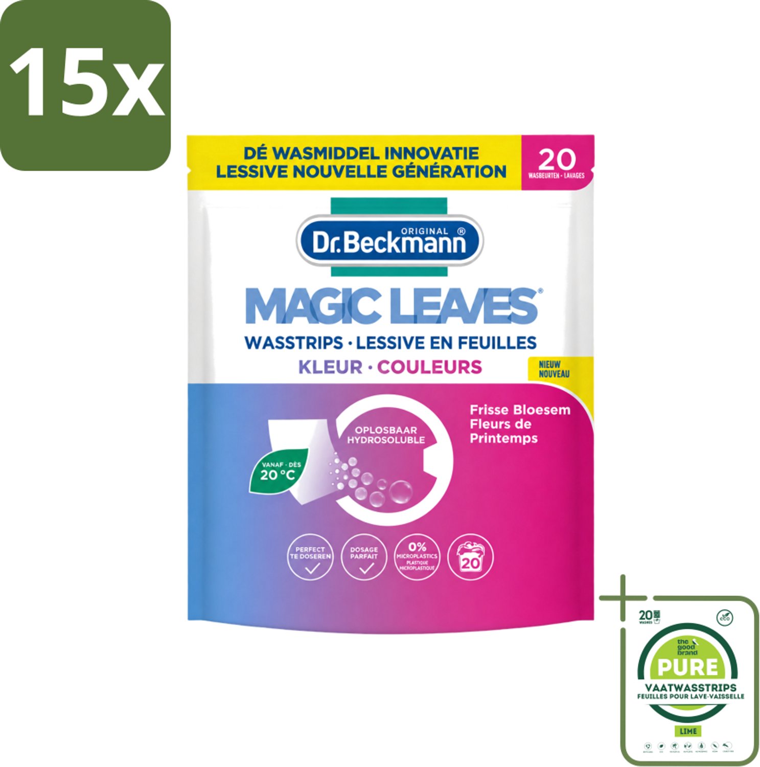15 x Dr. Beckmann - Magic Leaves - Wasstrips - Gekleurde Was - Frisse Bloesem - 20 Wasbeurten - Grootverpakking - Vaatwasstrips - Wasstrips - Gekleurde Was - Frisse Geur - Milieuvriendelijk - Wasmiddel