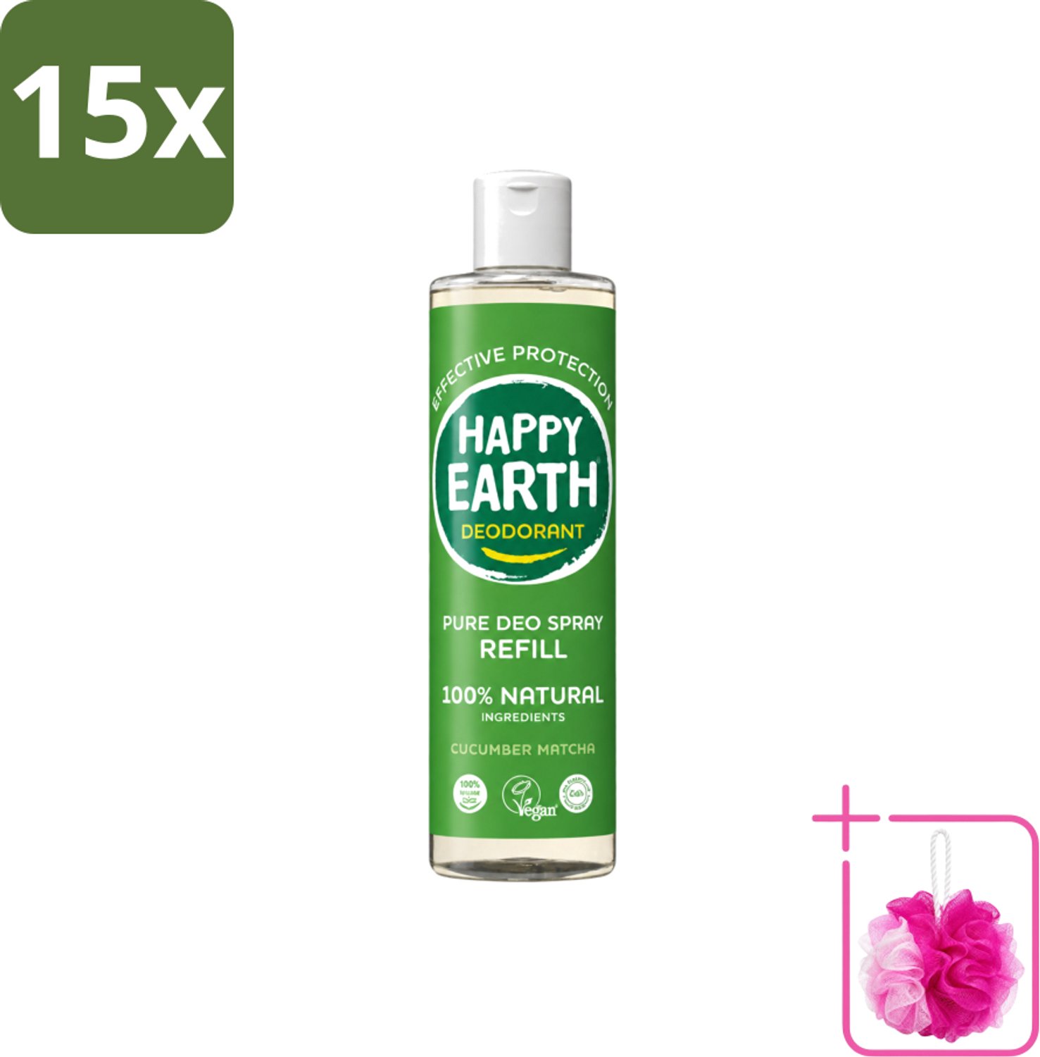 15 x Happy Earth – Deodorant Spray Navulling – 100% Natuurlijk Cucumber Matcha – 300 ml - Bulkverpakking - Deodorant - Douchemop - Frisheid