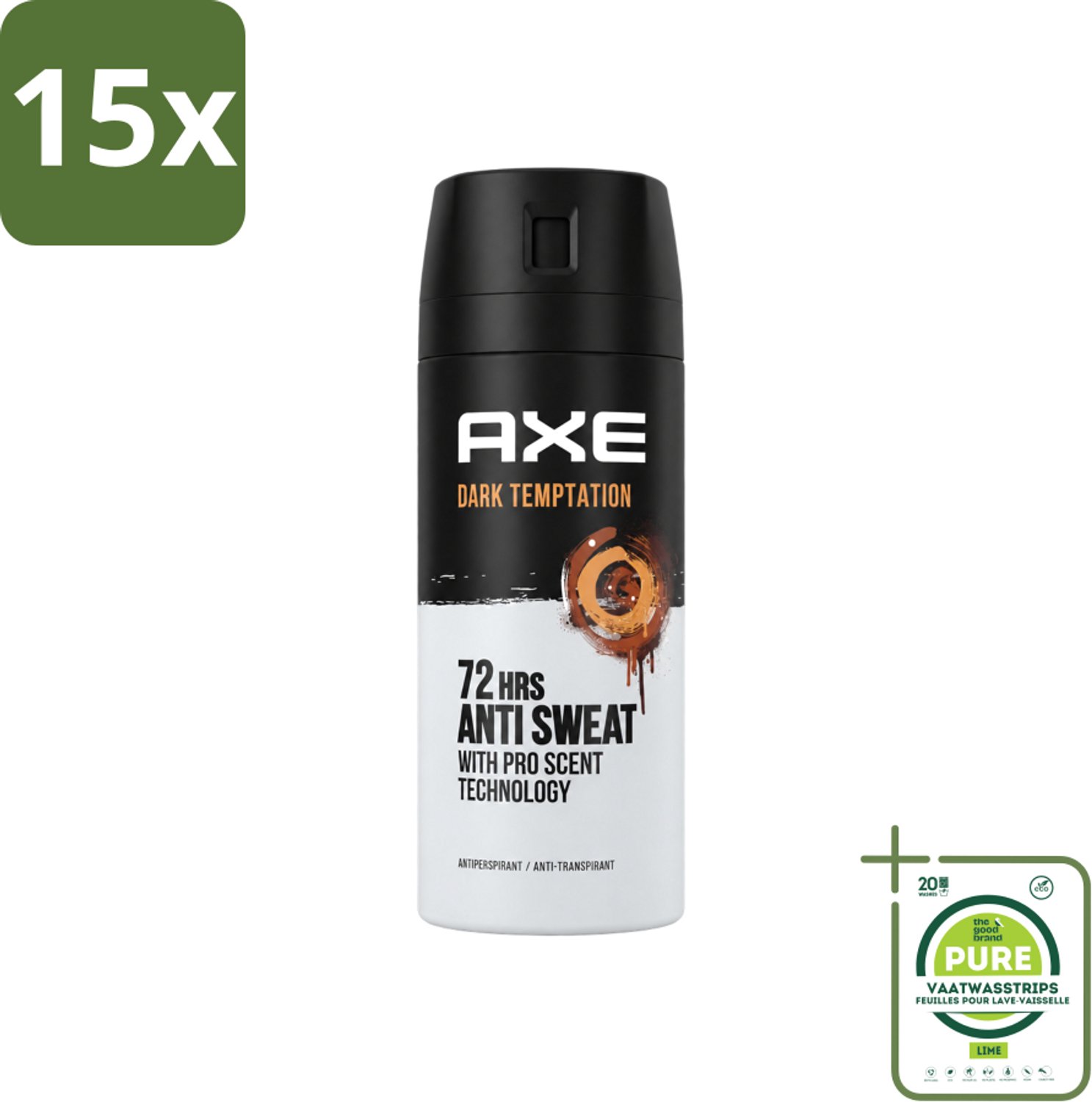 15 x Axe - Deodorant Spray - 72hrs Anti Sweat - Dark Temptation - 150 ml - Grootverpakking - Vaatwasstrips - Anti-sweat Spray - 72 Uur Bescherming - Zweetvoorkomend - Geur Chocolade - Kruiden Geur