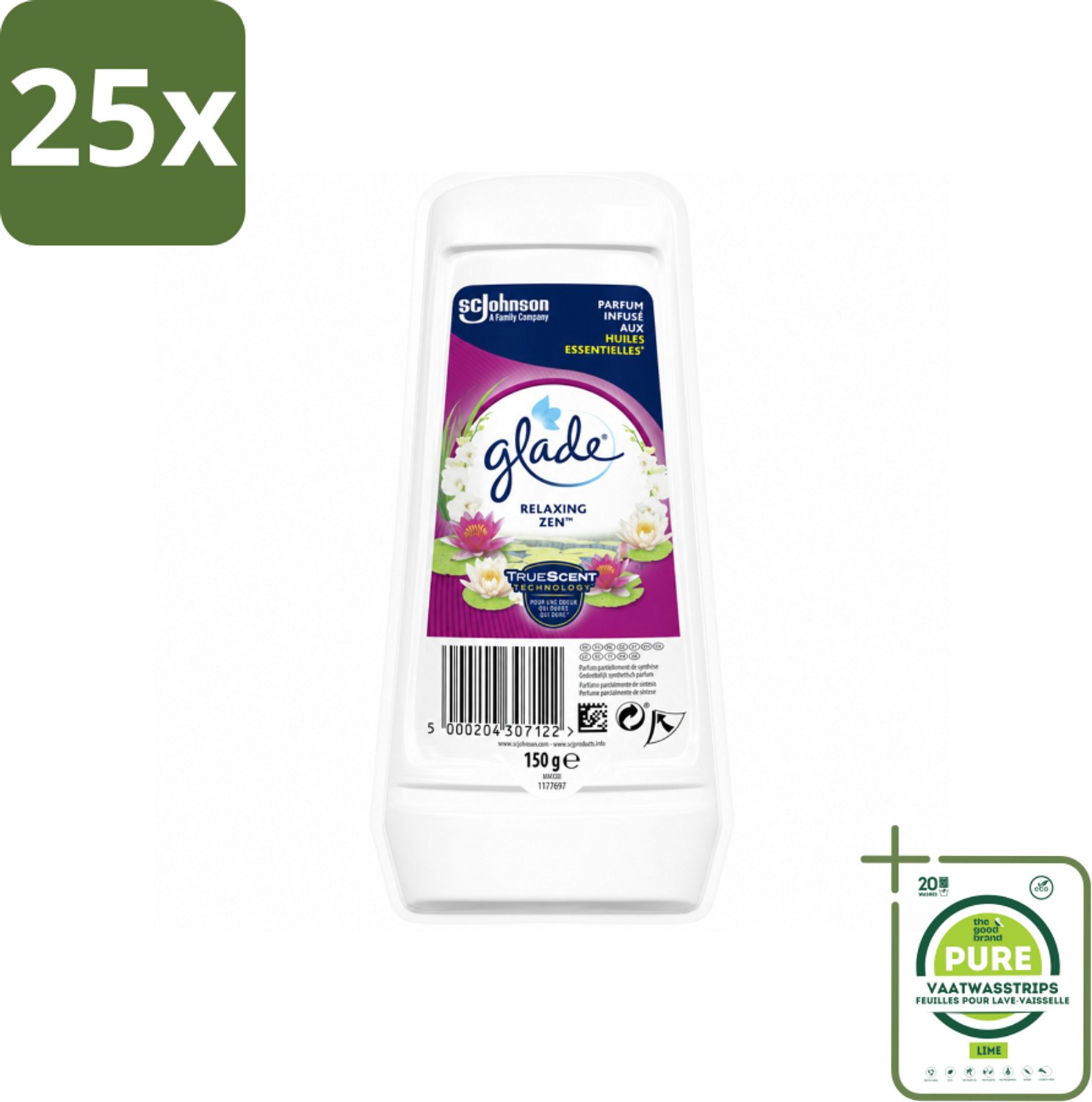 25 x Glade – Luchtverfrisser Gel – Relaxing Zen – 150 g - Grootverpakking - Vaatwasstrips - Luchtverfrisser - Ontspannende Geur - Frisse Geur - Geur Neutraliseren - Essentiële Oliën