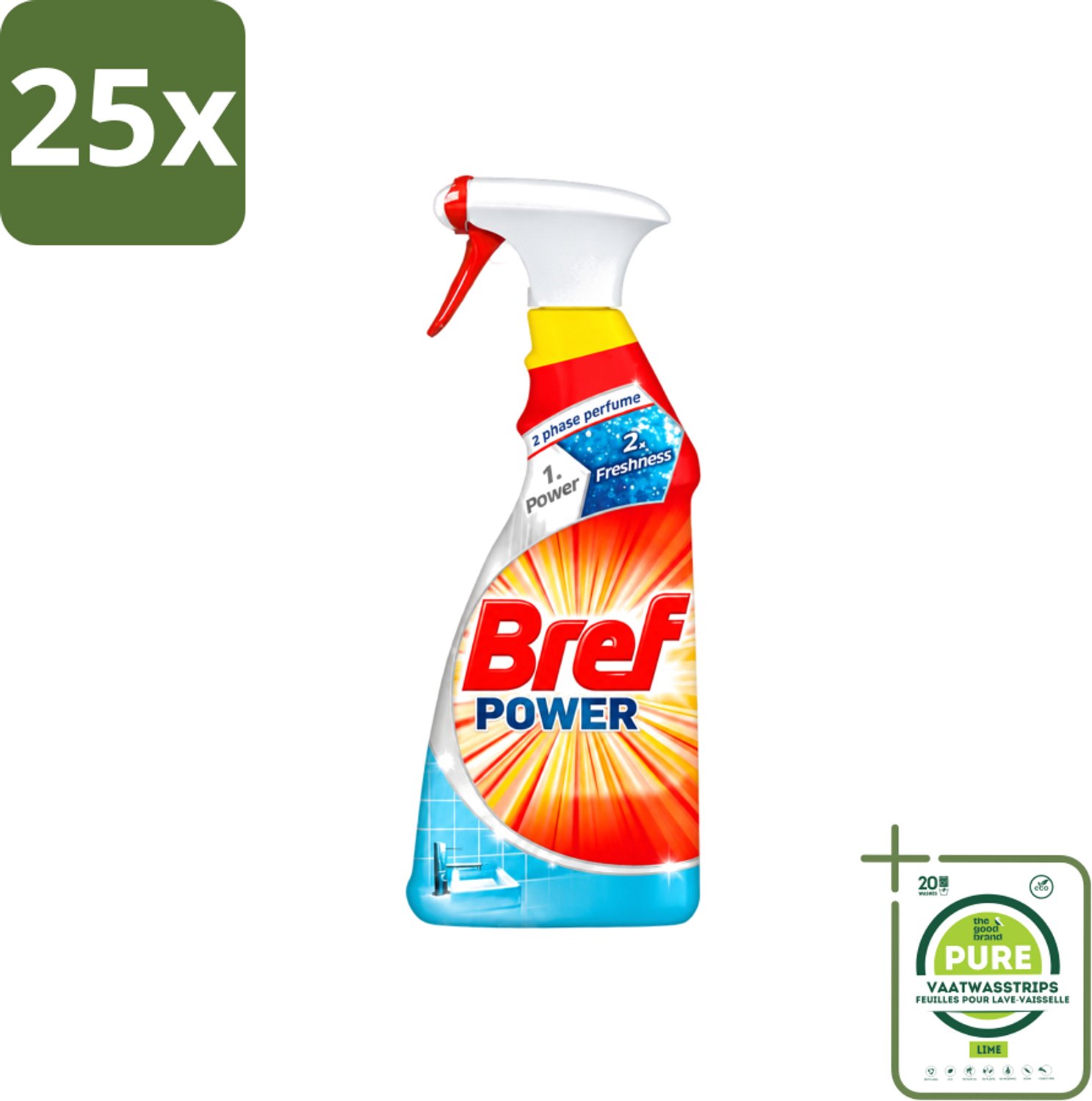 25 x Bref Power - Badkamerreiniger - Spray - Anti-Kalk & Vuil - Fris - 750 ml - Grootverpakking - Vaatwasstrips - Kalk Verwijderen - Vuil Verwijderen - Badkamer Schoonmaken - Douchecabine Schoonmaken - Gootsteen Schoonmaken