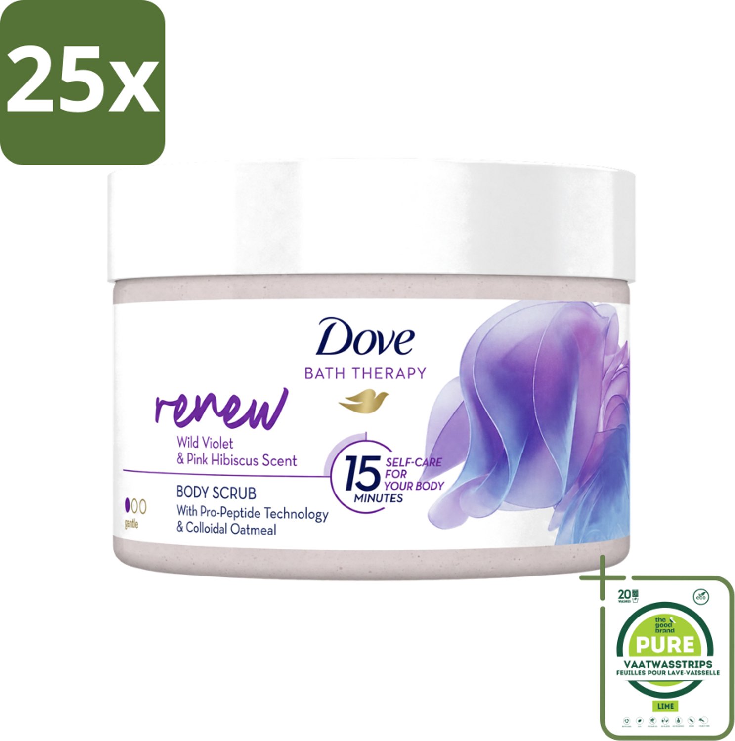 25 x Dove Bath Therapy Renew - Bodyscrub - Wilde Viooltjes & Roze Hibiscus - 295 ml - Grootverpakking - Vaatwasstrips - Huidvernieuwing - Huidscrub - Exfoliatie - Zachte Huid - Huidverzorging