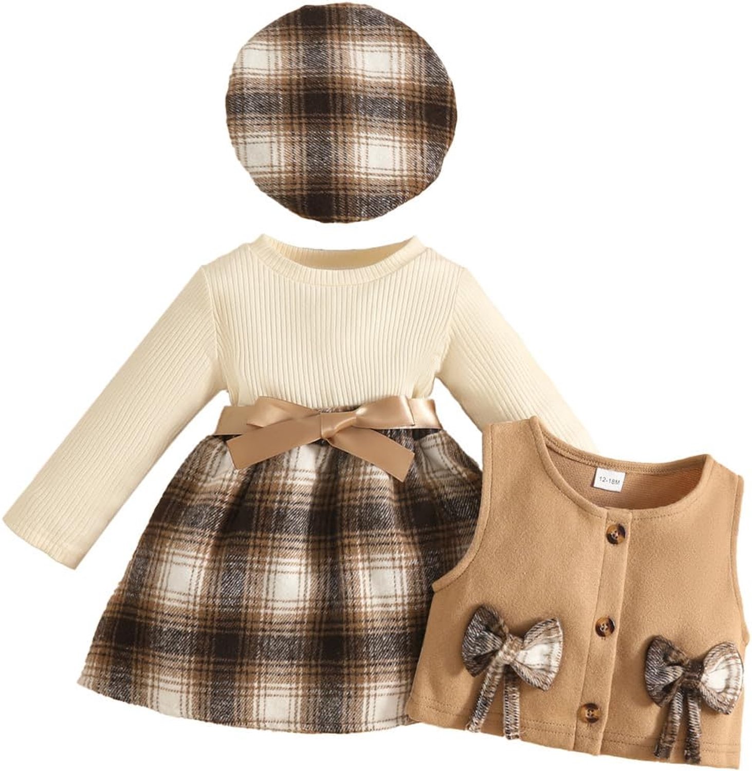 Geruite geribbelde jurk voor babymeisjes, jas en baret, 3-delige outfit