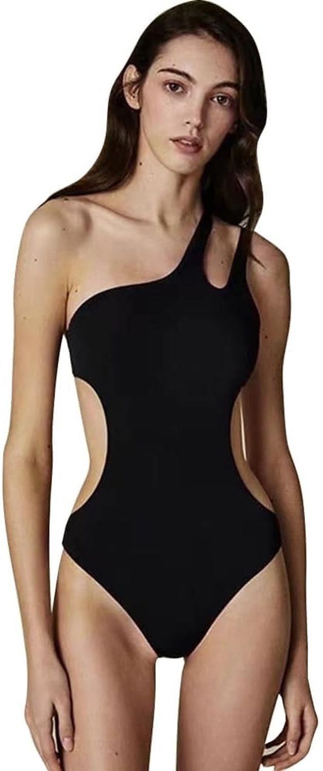 Badpak voor dames, schoudervrij, V-hals, push-up, beachwear, sexy, hoge taille, asymmetrisch badpak met één schouderriem
