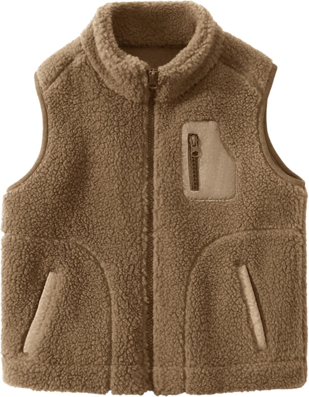 Fleece, dik, kinderen, opstaande kraag, ritssluiting, mouwloos, vader-kind-jas, herfst, winter, bovenkleding met zakken, bruin 110, D1101 Bruin, 98-104