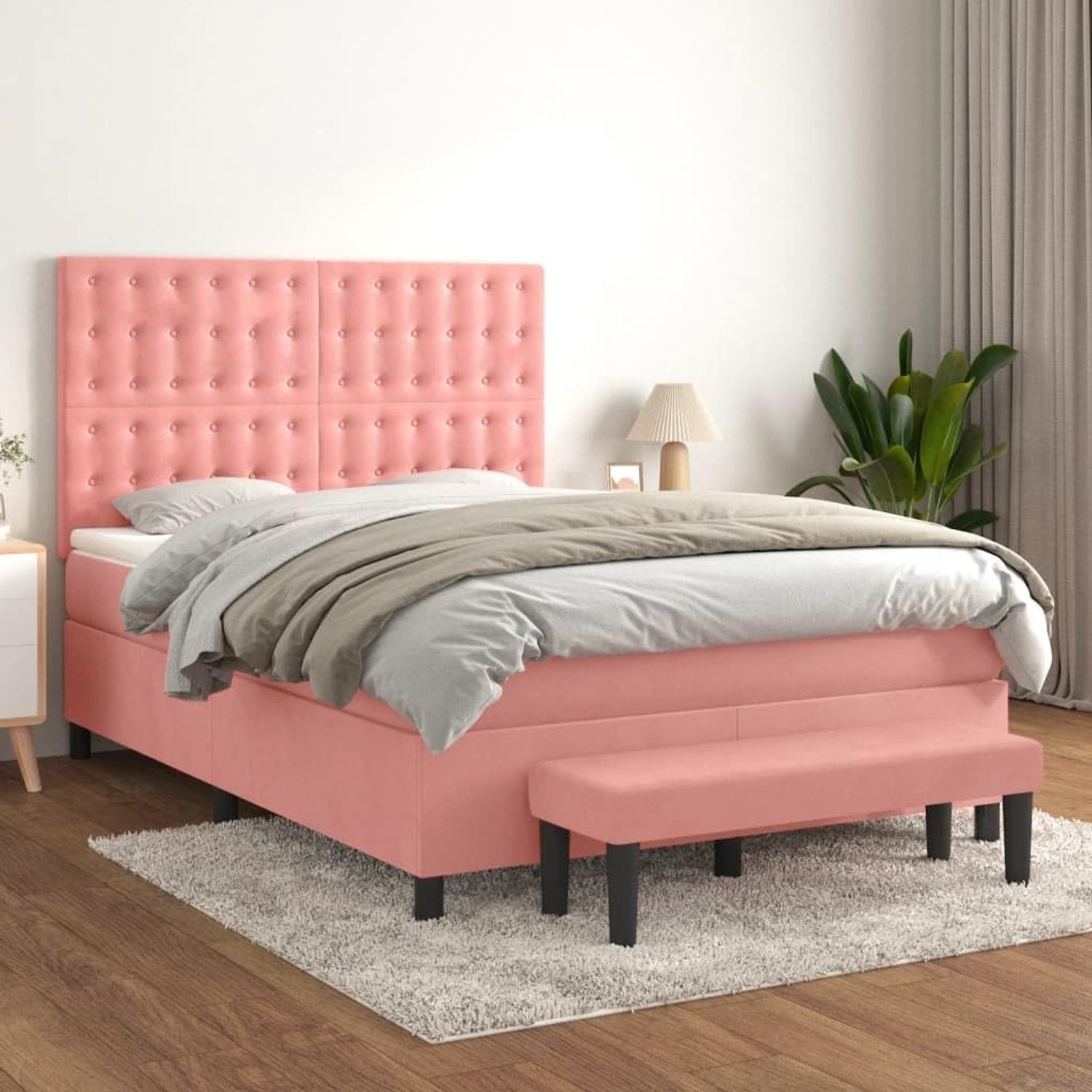 Familiebed, tweepersoonsbed, slaapkamermeubel, boxspringbed met matras, roze, 140 x 200 cm, fluweel