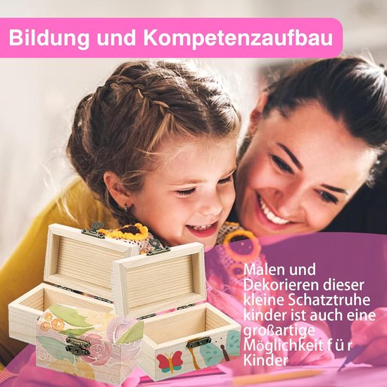 Doe-het-zelf, kleine houten kist met deksel, kleine schatkisten van hout, schatkist voor kinderverjaardag, met diamantsticker voor creatieve hobby, decoratie — afbeelding 4