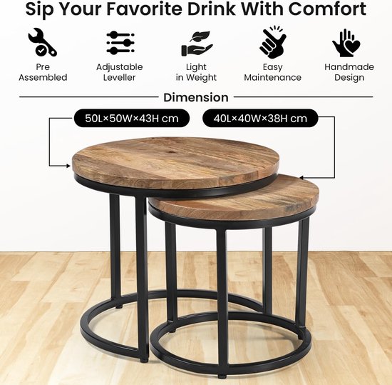 Set van 2 ronde salontafels, handgemaakte mangohouten plaat en ijzeren frame, natuurlijke afwerking, modern, industrieel minimalistisch design voor woonkamer, kantoor, 50 x 50 x 43, 40 x 40 x — afbeelding 4