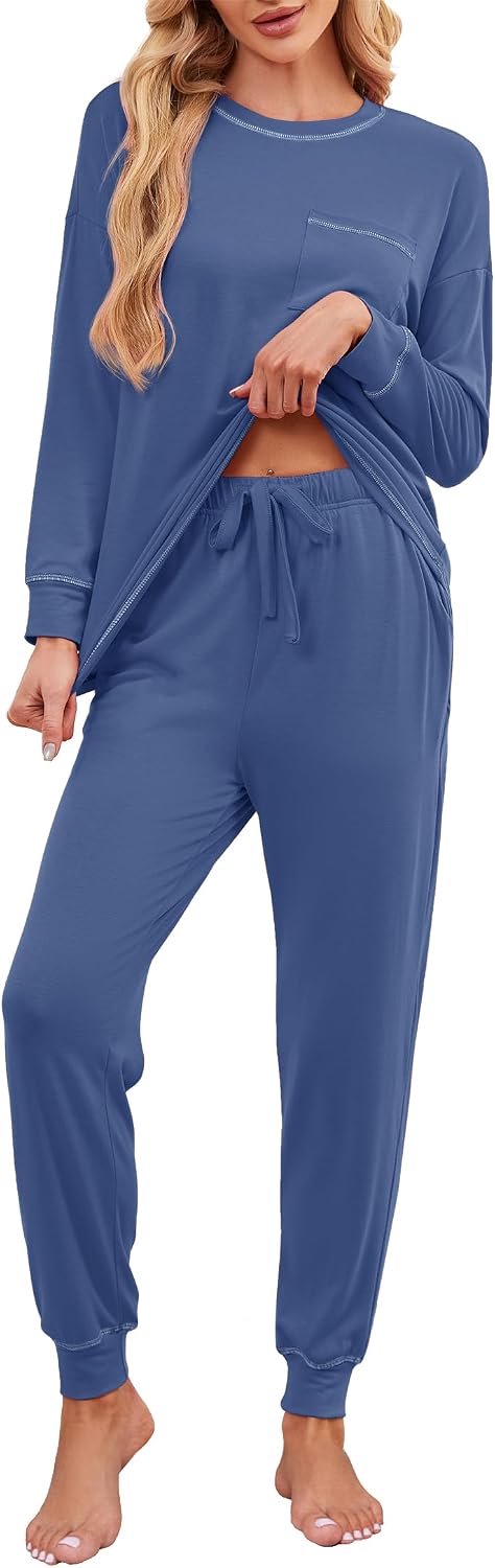 Pyjama dames lange katoenen pyjama set nachtkleding lange mouwen T-shirt en pyjamabroek met zakken