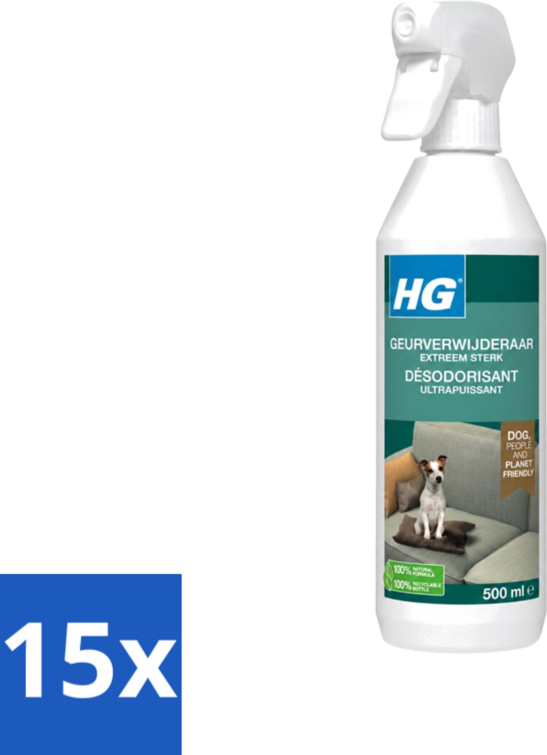 15 x HG - Geurverwijderaar Hond Spray - Extreem Sterk - Werkt Binnen 30 Minuten - 100% Biologisch - 500 ml - Voordeelverpakking - 15 stuks