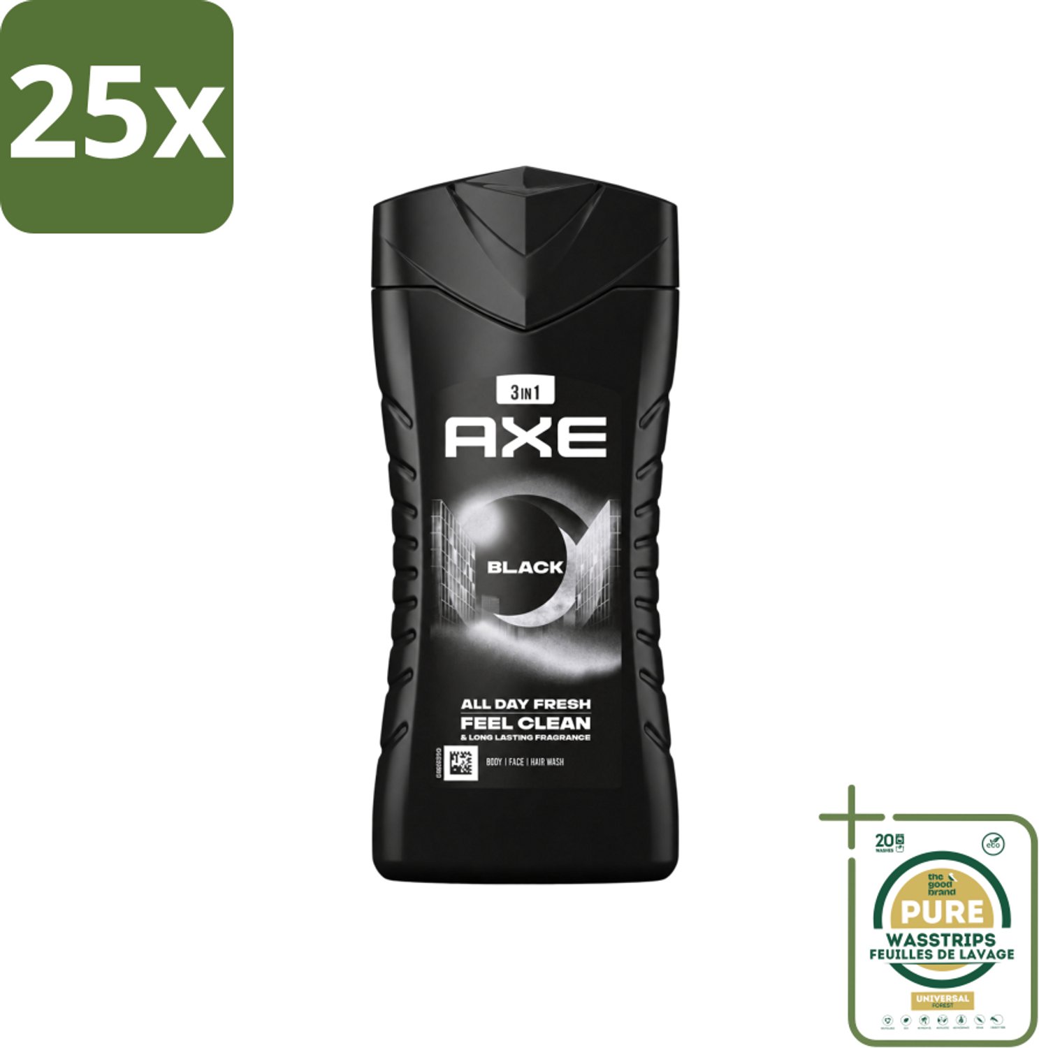 25 x Axe - 3-in-1 Douchegel - Black - Frozen Pear & Cedarwoord - 12hrs Long Lasting Scent - 250 ml - Wasstrips - Douchegel - Lichaam - Gezicht - Haar - Frisheid