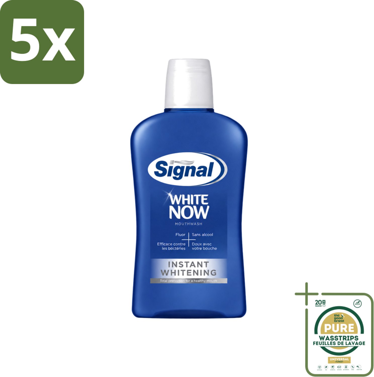 5 x Signal - White Now - Mondwater - 0 % Alcohol - 500 ml - Wasstrips - Mondwater - Mondverzorging - Fluoride - Tandplak - Bacteriën
