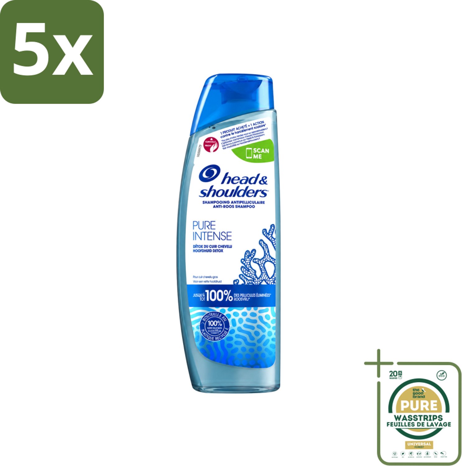 5 x Head & Shoulders - Anti-Roos Shampoo - Pure Intense - Hoofdhuid Detox - 250 ml - Wasstrips - Hoofdhuid Detox - Roosbestrijding - Hoofdhuid Reinigen - Schone Hoofdhuid - Haar Gezond