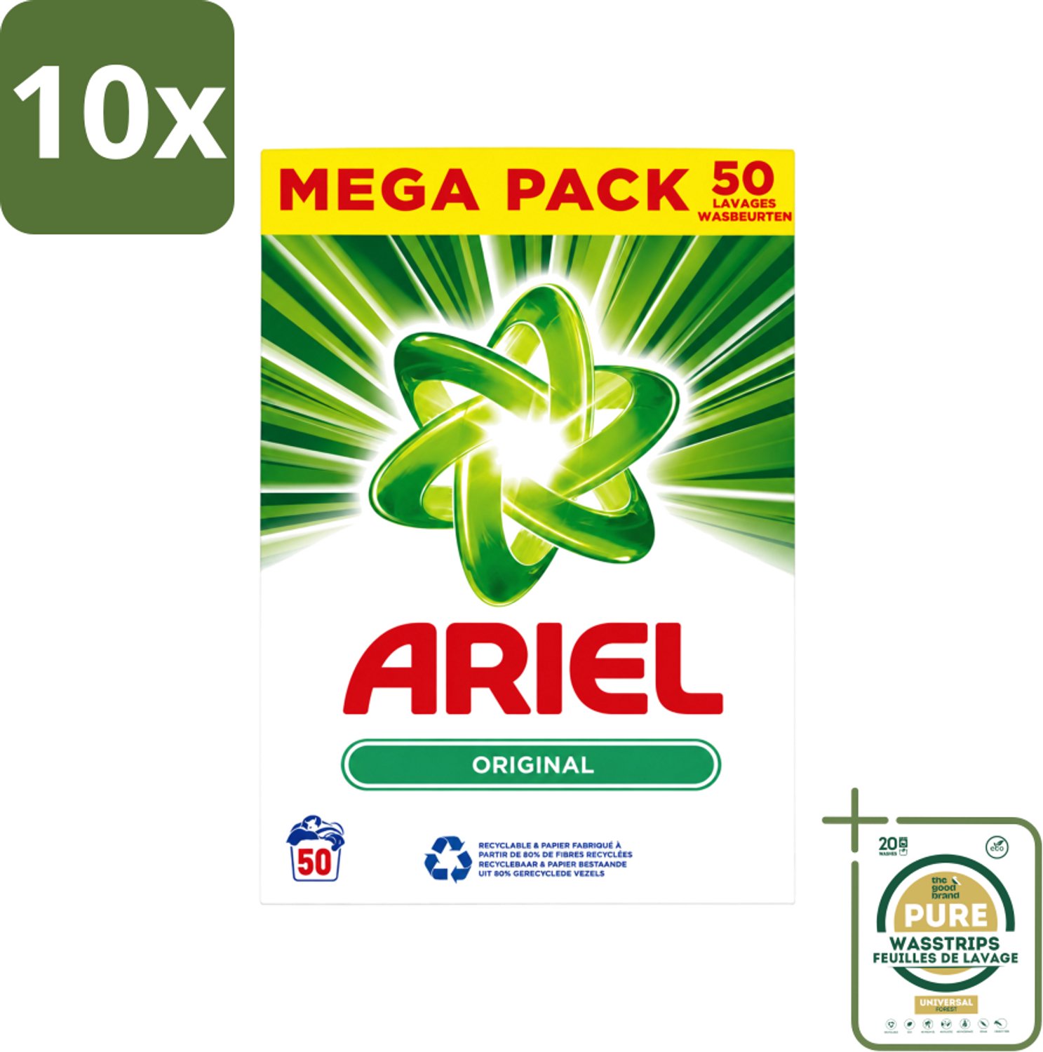 10 x Ariel Original - Waspoeder - Witte en Lichtgekleurde Was - 50 Wasbeurten - Wasstrips - Waspoeder - Reiniging - Wasmachine - Energiebesparing - Milieuvriendelijk