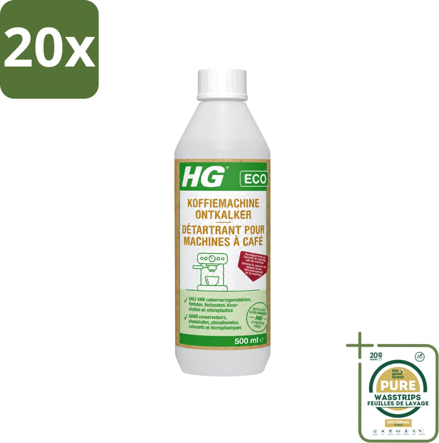 20 x HG ECO - Koffiemachine Ontkalker - Op Basis Van Citroenzuur - 6 Reinigingsbeurten - 500 ml - Wasstrips - Koffiemachine Ontkalker - Citroenzuur - Kalkaanslag Verwijderen - Espresso Machine Ontkalker - Padkoffiemachine Ontkalker