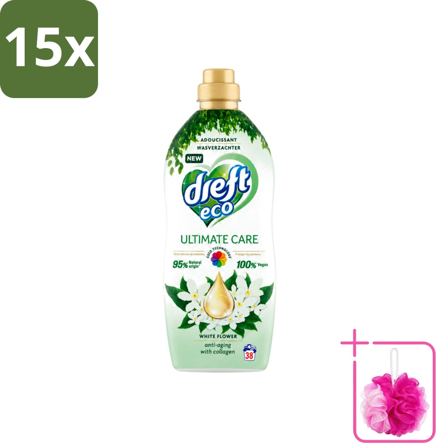 15 x Dreft ECO - Wasverzachter - Gekleurde Was - Witte Bloem - Anti-Veroudering - 38 Wasbeurten - Bulkverpakking - Wasverzachter - Douchemop - Anti-aging