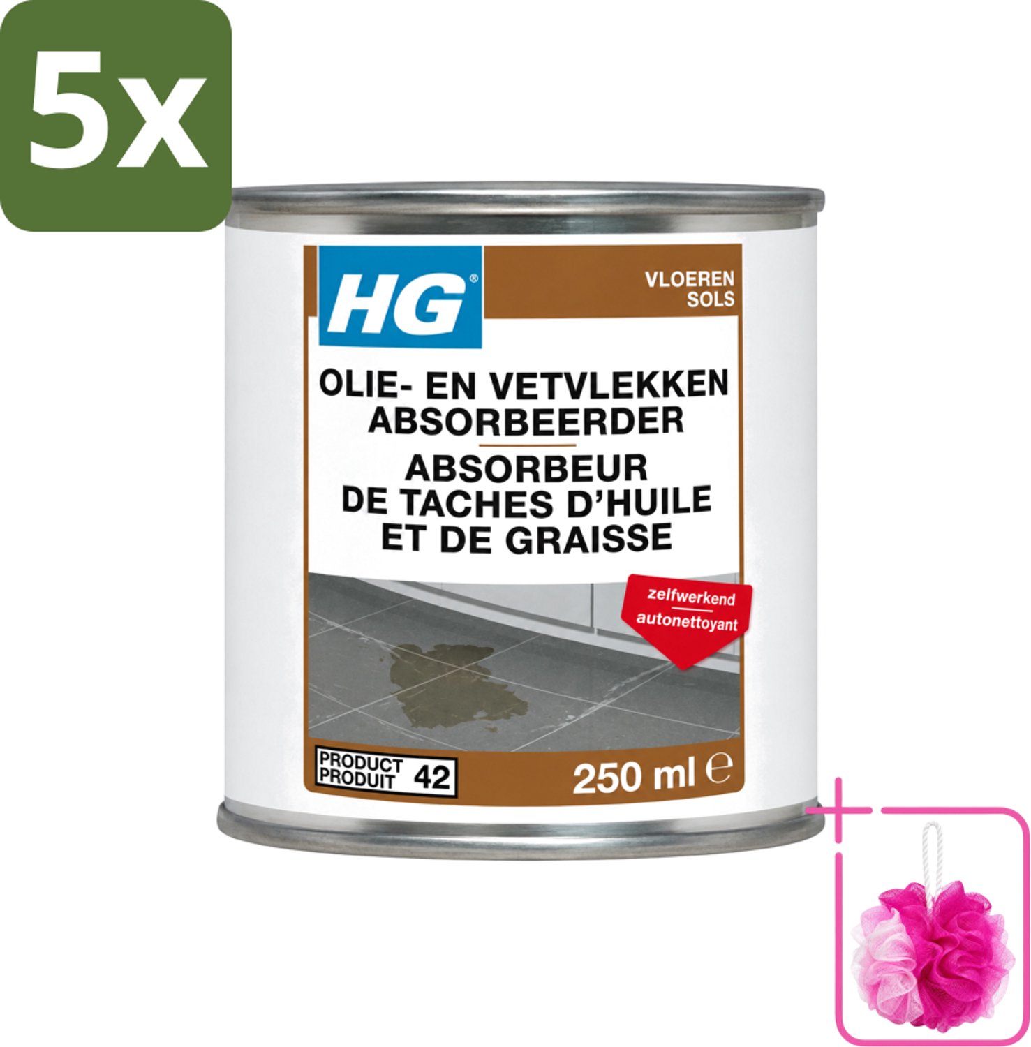 5 x HG - Tegel- & Natuursteen - Olie & Vetvlekken Absorbeerder - Zelfwerkend - 250 ml - Bulkverpakking - Olie en vetvlekken absorberen - Douchemop - Natuursteen vlekken verwijderen