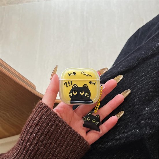 Compatibel met Airpods Pro 3 hoesje (2025), schattige cartoon leuke zwarte kat patroon ontwerp oortelefoon hoes met Kawaii hanger voor Airpod Pro 3 — afbeelding 5