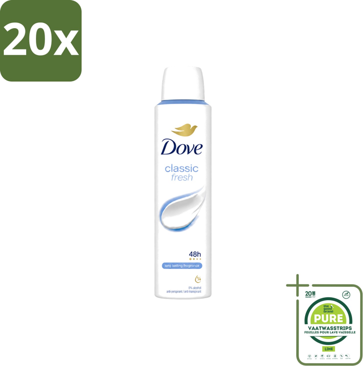 20 x Dove – Deodorant Spray – Classic Fresh – 200 ml - Grootverpakking - Vaatwasstrips - Anti-transpirant Spray - Okselgeur - Transpiratiegeur - Deodorant Spray - Klassiek Geur