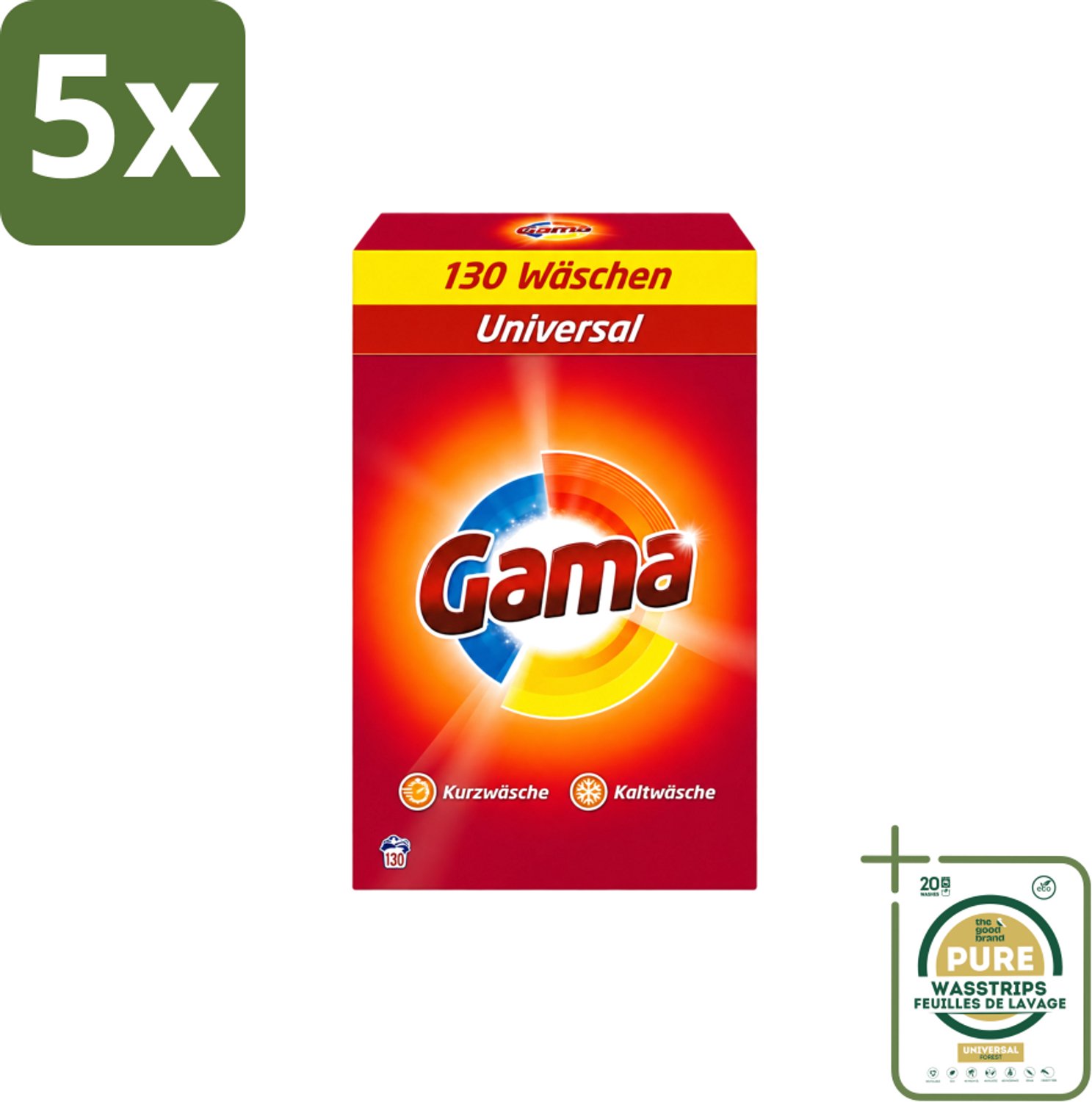5 x Gama - 3-in-1 Waspoeder - Universal - Voor Alle Kleuren - 130 Wasbeurten - Wasstrips - Waspoeder - Wasbeurten - Wasmachine - Kleurenbeschermer - Vlekkenverwijderer