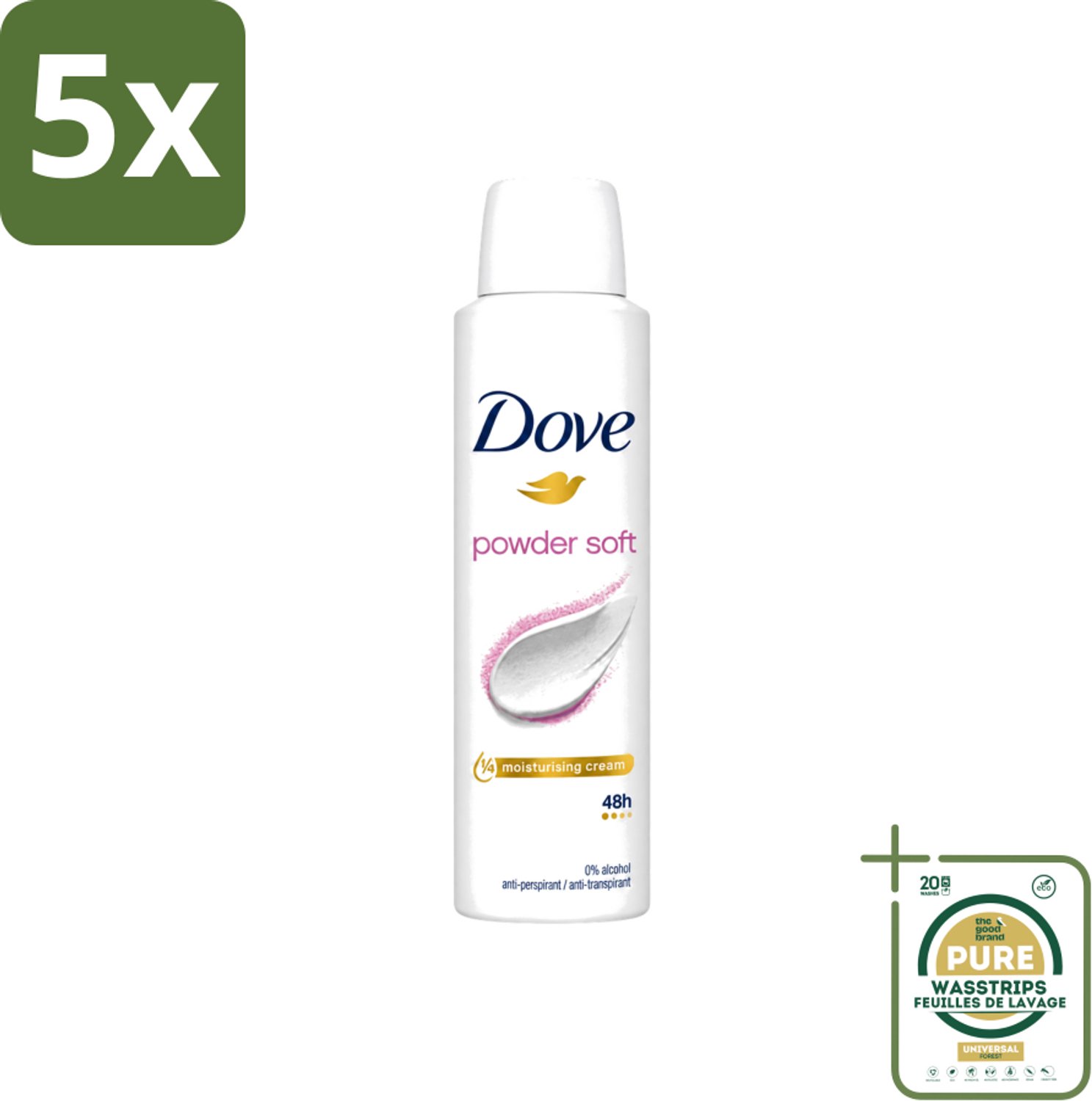 5 x Dove - Deospray - Powder Soft - 150 ml - Wasstrips - Deodorant - Poeder - Oksels - Transpiratie - Geur