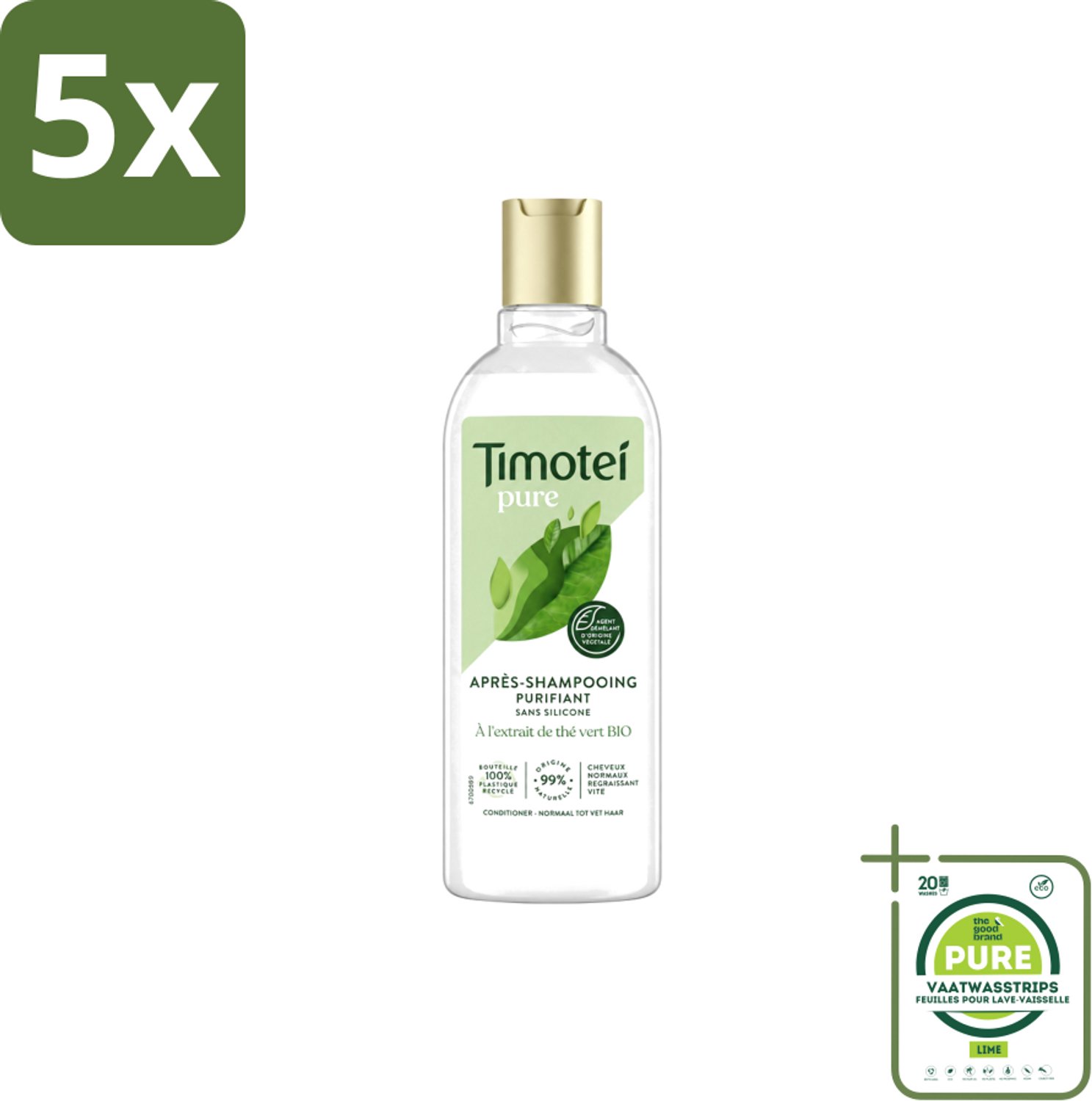 5 x Timotei Conditioner - pure groene thee - 300 ml - Grootverpakking - Vaatwasstrips - Groene Thee Conditioner - Zachte Haar - Fris Haar - Natuurlijke Haar Verzorging - Haar Verzorging