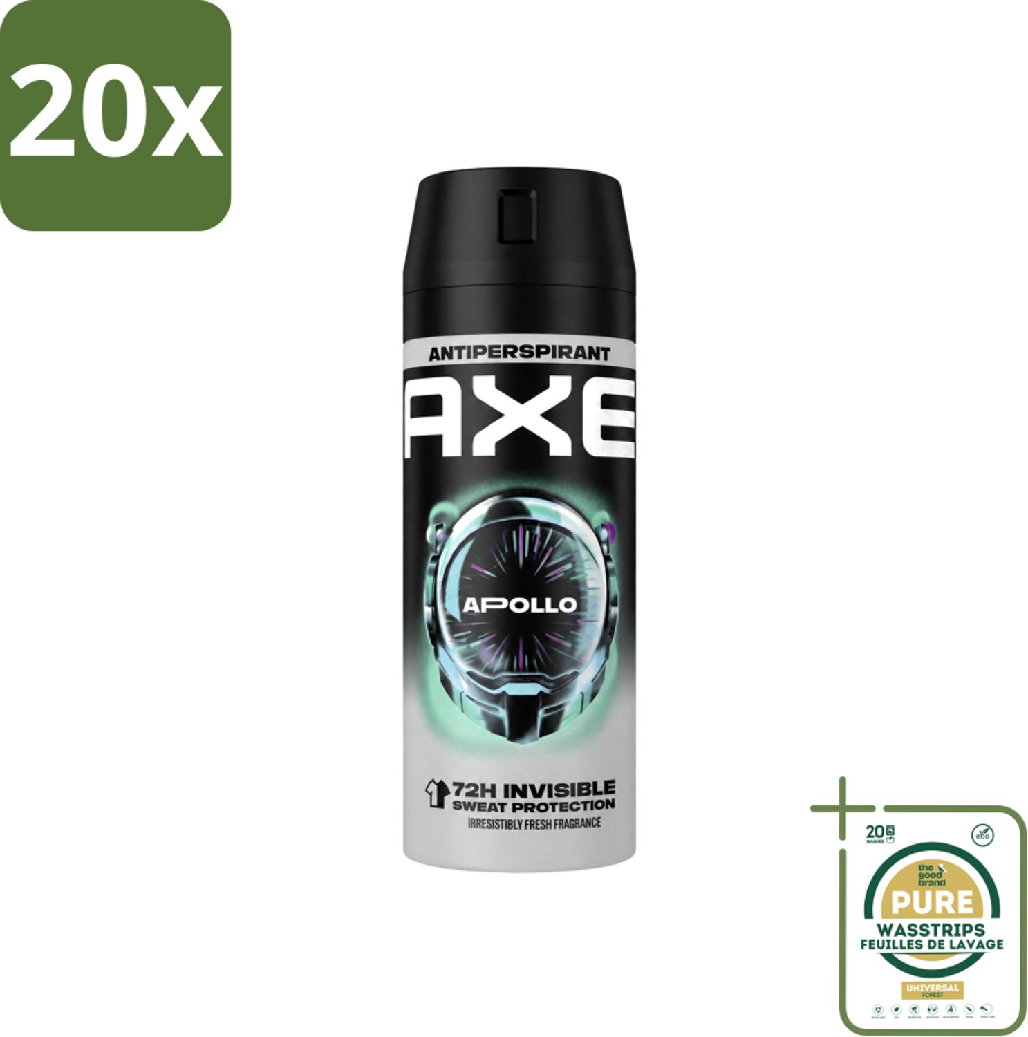 20 x Axe - Deodorant Spray - 72hrs Anti Sweat - Apollo - 150 ml - Wasstrips - Anti Transpirant Spray - Zweetbestendig - 72 Uur Bescherming - Geur Groen Fruit - Geur Sandelhout