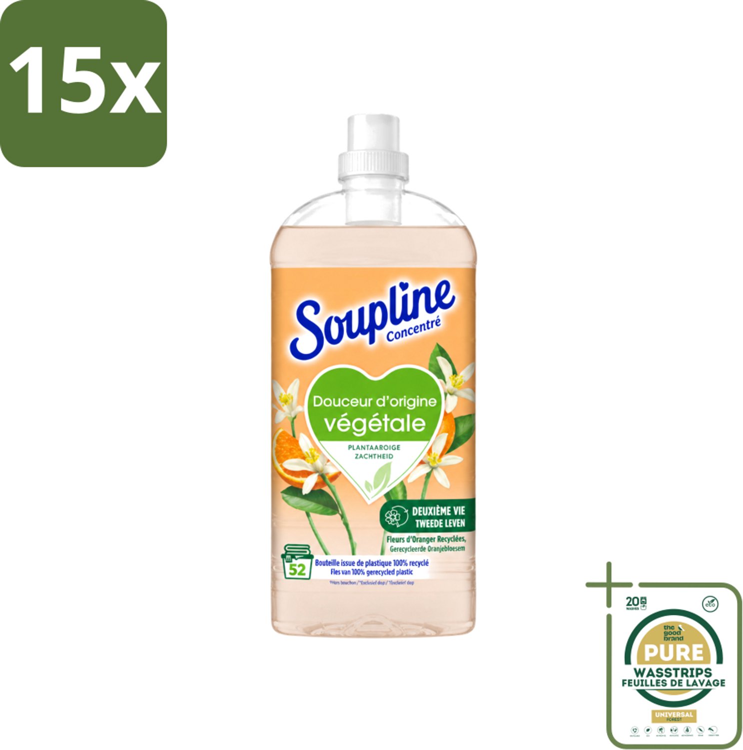 15 x Soupline - Wasverzachter - Oranjebloesem - 52 Wasbeurten - 1.3L - Wasstrips - Wasverzachter - Plantaardige Zachtheid - Oranje Bloesem - Zachte Was - Natuurlijke Zachtheid