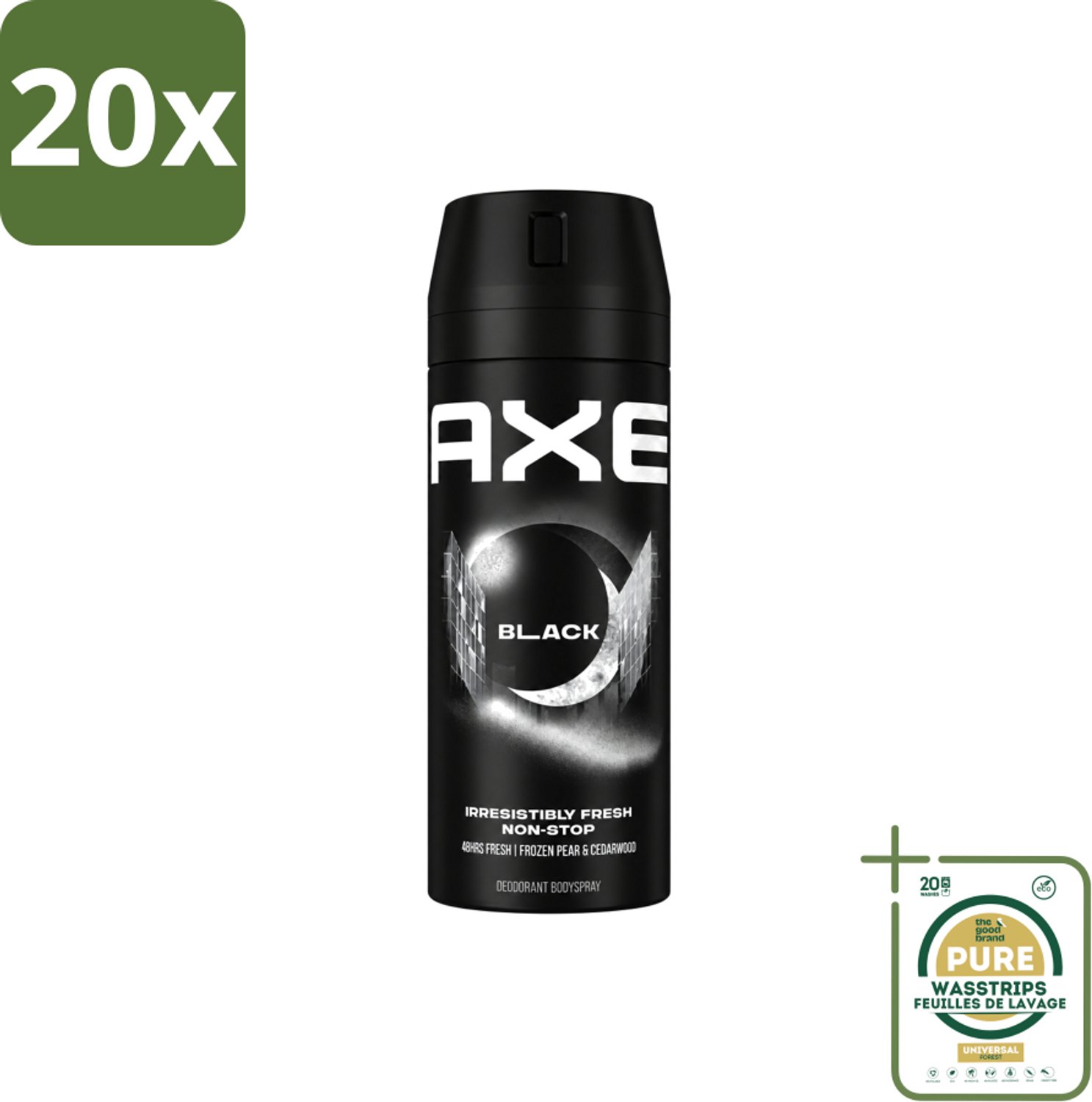 20 x Axe - Deodorant Bodyspray - 48hrs Fresh - Black - Frozen Pear & Cedarwoord - 150 ml - Wasstrips - 48 Uur Bescherming - Deodorant Spray - Bevroren Peer - Cedarwood - Aluminiumvrije Deodorant