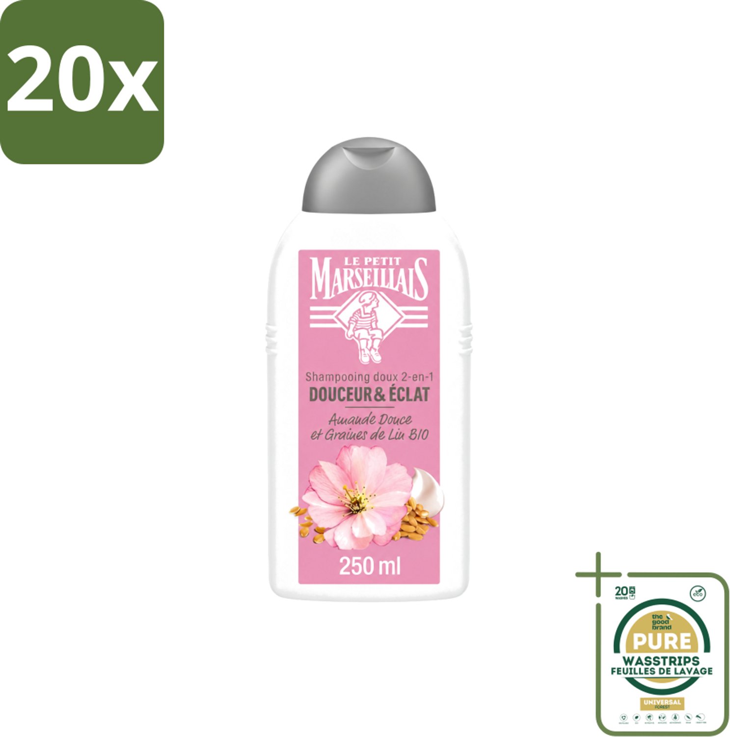 20 x Le Petit Marseillais – Shampoo – Amande Douce & Graines de Lin Bio – 250 ml - Wasstrips - Shampoo Amande Douce - Shampoo Linzaad - Shampoo Bio - Shampoo Voor Fijn Haar - Shampoo Voor Normaal Haar