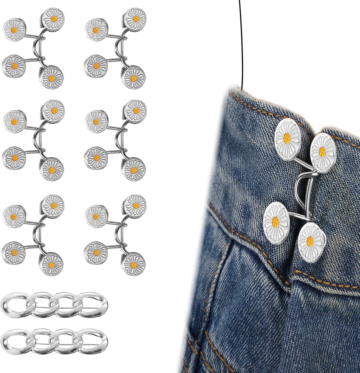 8 St Set van Broekverstevigers, Tailleversteviger van Zinklegering Herbruikbare Broekverstelknop met Kettingspeld voor Dames Losse Kleding (Kleine, Zilveren, Madeliefjesstijl)