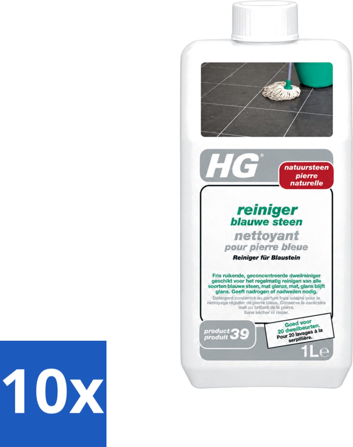 10 x HG - Blauwe Steen Reiniger - Reinigt Veilig & Streeploos - 20 Dweilbeurten - 1L - Voordeelverpakking - 10 stuks