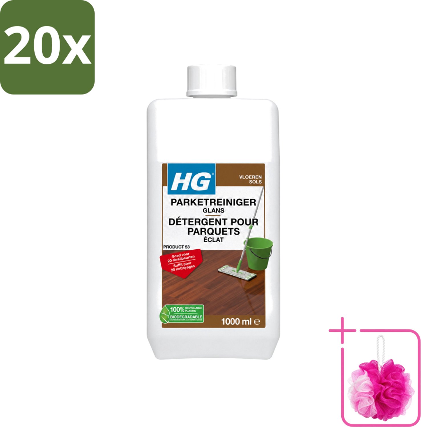 20 x HG - Vloeren - Parketreiniger Glans - 20 Dweilbeurten - 1L - Bulkverpakking - Parket reinigen - Douchemop - Parket glans herstellen