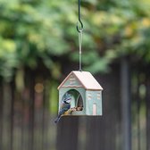 Pimpelmees eet van een klein, groen vogelhuisje-voerder dat in de tuin hangt.